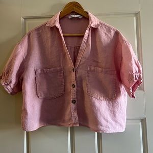 Zara light pink linen cropped oversized blouse